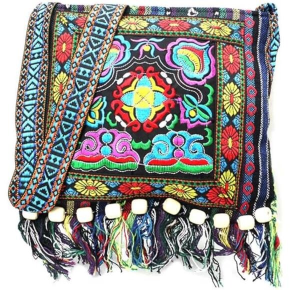 Vintage Ethnic Tribal Embroidered Tassel Sling Crossbody Boho Hippie ShoulderBag - Picture 3 of 3